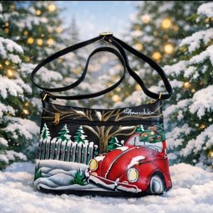 Anuschka Hand-Painted Leather Crossbody Peacock Winter Tree Design Colorful Art